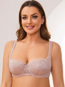 MELENECA Plus Lightly Padded Floral Lace Underwire Balconette Bra - Apricot - View 3