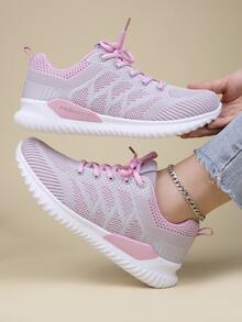 Mẫu sọc Mặt trước Buộc Giày Chạy bộ Với Dày Dệt kim Đế Đối với Mùa thu Và Mùa Đông - Màu be - Xem 2