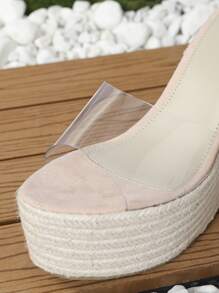 女性編織坡跟涼鞋帶透明條帶編織防水台 - 粉色 - 查看 4