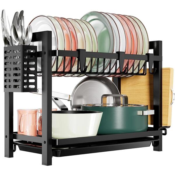 رف تجفيف الصحون السوداء (43.5 * 24.5 * 34.5) ، صينية الصنبور المزدوجة الفولاذ المقاوم للصدأ مع حامل أدوات المائدة ولوح التصريف