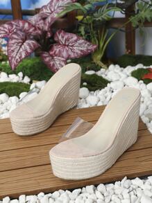 女性編織坡跟涼鞋帶透明條帶編織防水台 - 粉色 - 查看 1