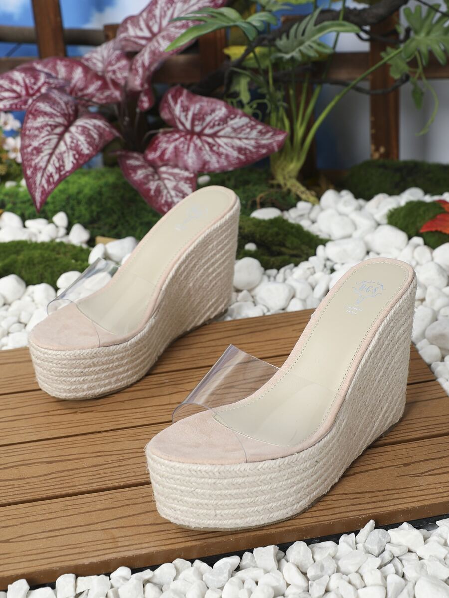 女性編織坡跟涼鞋帶透明條帶編織防水台 - 粉色 - 查看 1