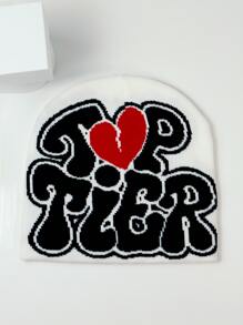 1入組男士針織豆豆帽,街頭服飾字母提花休閒帽 - 黑與白 - 查看 2