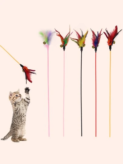 Random Color Feather & Chicken Feather Cat Toy Interactive Wand, 1pc