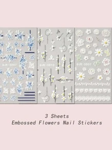 指甲貼紙指甲藝術3入組5D浮雕花卉和植物指甲貼紙指甲貼紙指甲設計美甲技巧指甲配件朋友禮品DIY - 彩色 - 查看 2