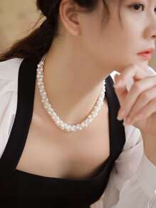 Vòng cổ và vòng tay bạc đính hạt ngọc trai giả - trắng - Xem 3