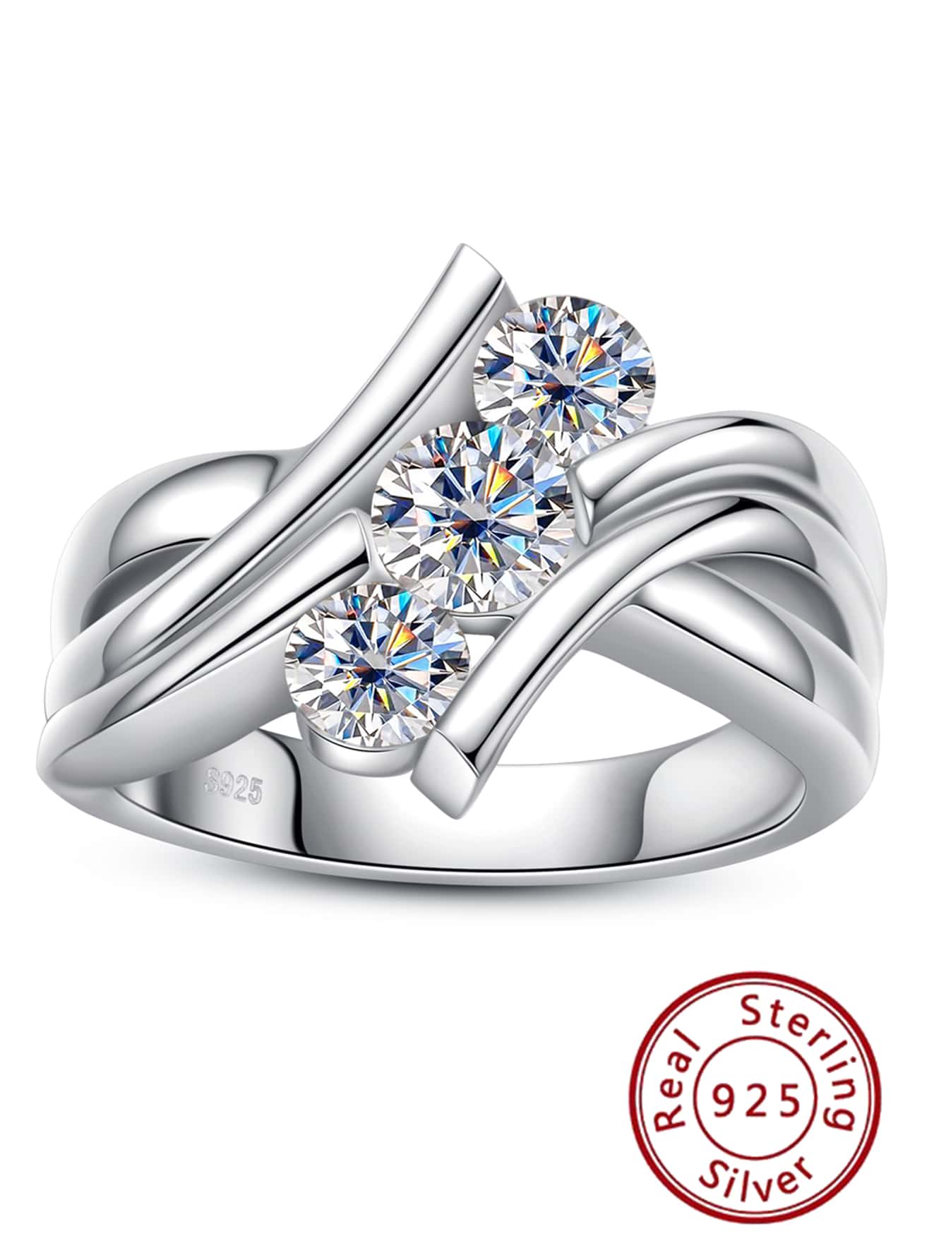 925銀1.3克拉三石莫桑石訂婚戒指,適用於女性婚禮新娘飾品