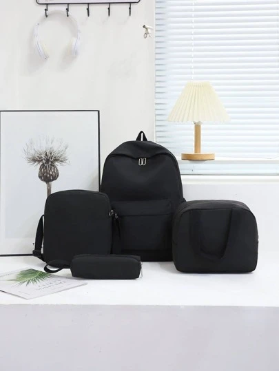 4 件套经典纯色休闲旅行背包大容量背包儿童书包女童学生书包学院风中学生纯色大背包