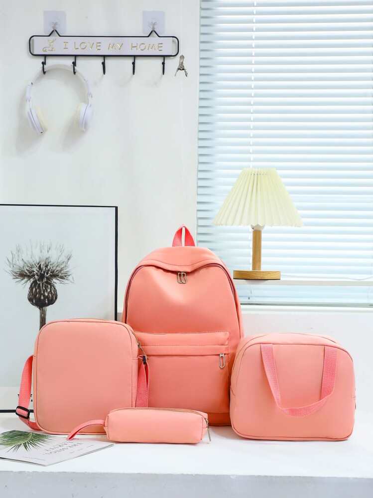 4pcs Set Classic Solid Color Casual Travel Backpacks Large Capacity Backpack Kids Schoolbags Girls Student Bookbags Preppy Style School Students Solid Color Large Backpack SHEIN