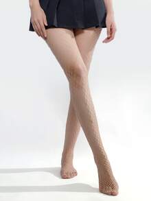 1pair women's solid color fishnet socks basic all-match pantyhose - Apricot - View 3