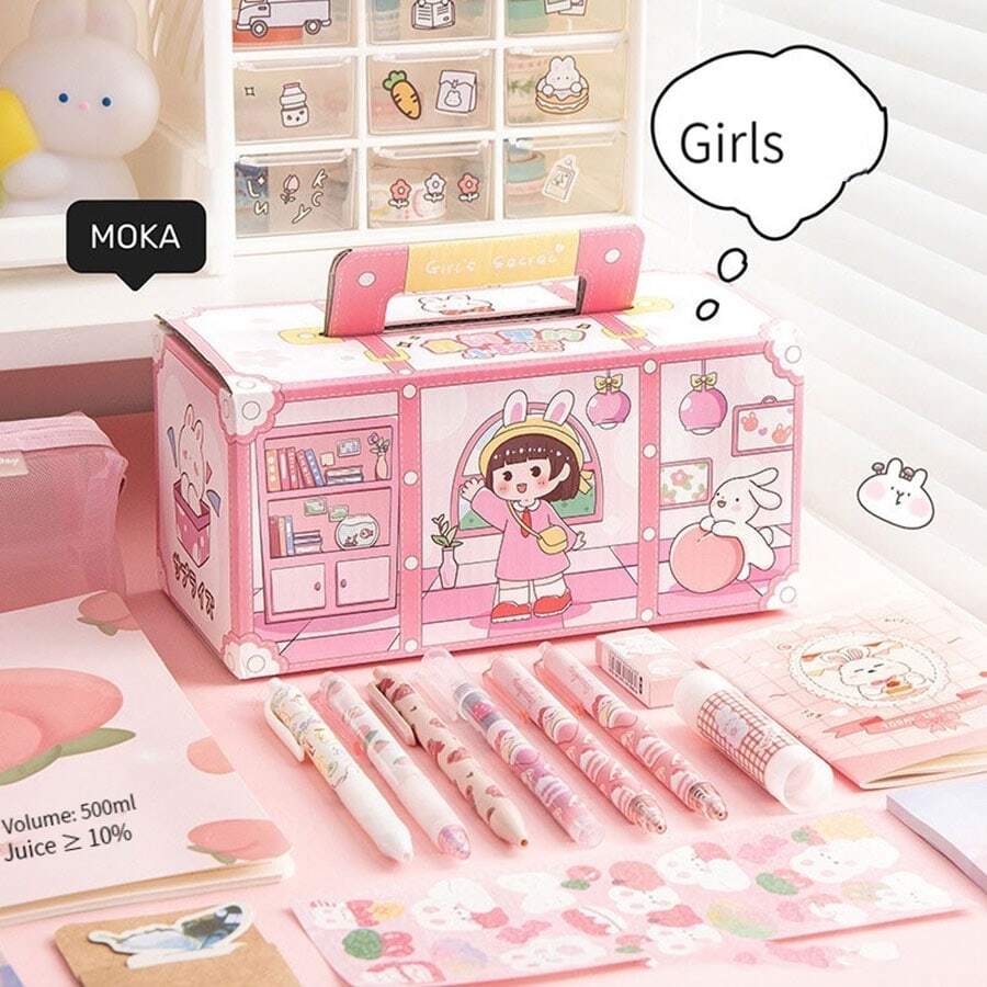 1入組創意卡通文具盲盒適合女孩作為兒童節禮品,學生文具套裝帶禮物盒,畢業禮物,生日禮物適用於兒童 - 粉色 - 查看 1