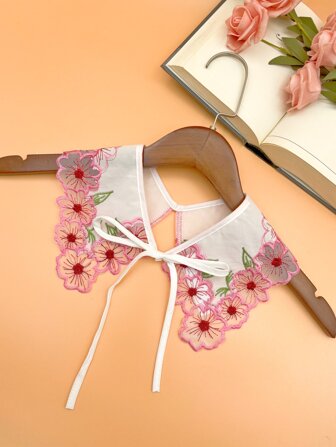 1入組女士彩色花朵刺繡花邊鏤空披肩素色繫帶背心女士彈簧秋天多用途裝飾用品肩膀披肩日常裝飾