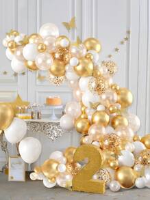 97pcs White Gold Balloon Glue Chain&2pcsBalloon Accessory&12pcs Butterfly, Balloon Set Perfect Decoration Wedding, Birthday Holiday Party Background, Decorative Balloon Arch Kit, Includes Butterfly Decorations And Balloon Accessories - White Gold - View 2