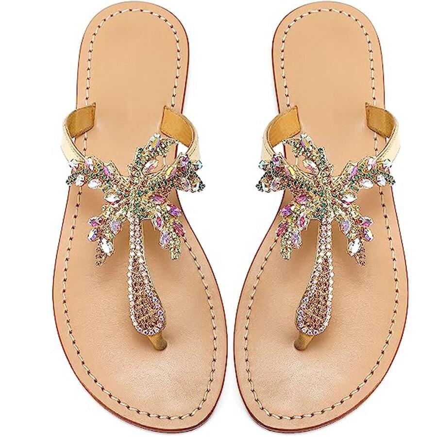 Women Rhinestone Beach Wedding Summer Sandals - Gold - View 1