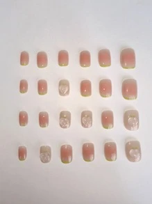 轉換你指甲片帶24入組短方形腮紅3D愛心裝飾假指甲和1入組指甲銼和1張膠帶 - 彩色 - 查看 3