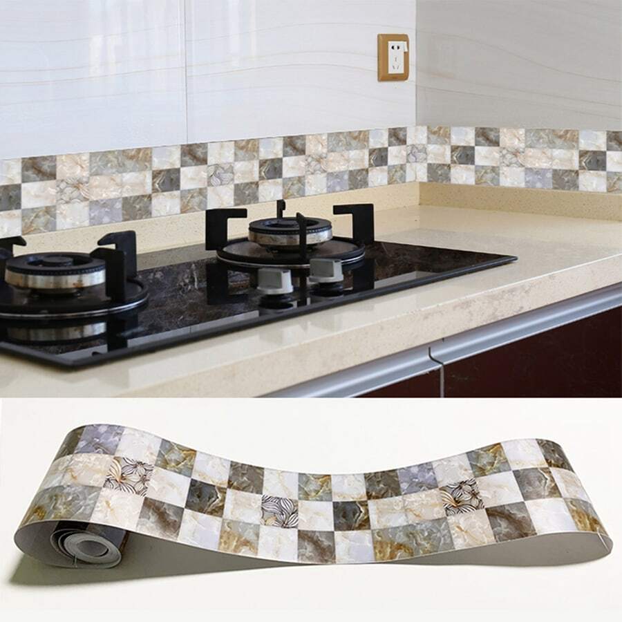 1 Roll 5m Kitchen Bathroom Self-adhesive Waterproof & Stain-proof 3d Geometric Cubes Mosaic Marble Pattern Tile Sticker - Multicolor - View 1