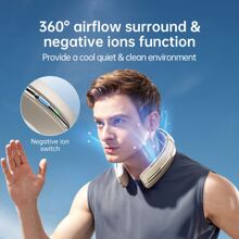 Portable Neck Fan, 6000mAh Bladeless Neck Fan 100 Speeds Adjustment USB Rechargeable Portable Fan, LED Display, Negative ion function, Wearable Personal Fan, Mini Hands Free - 金色 - 查看 3
