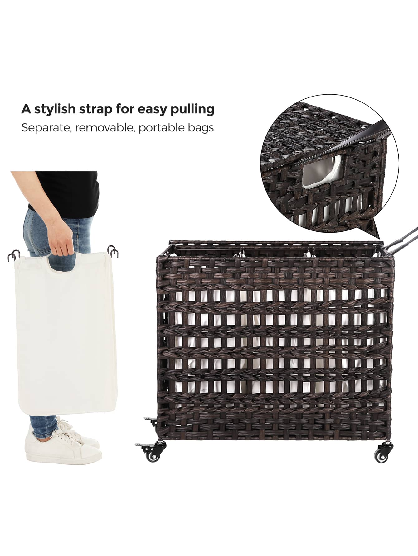 SONGMICS Laundry Hamper With Wheels & 3 Removable Liner Bag, 140L