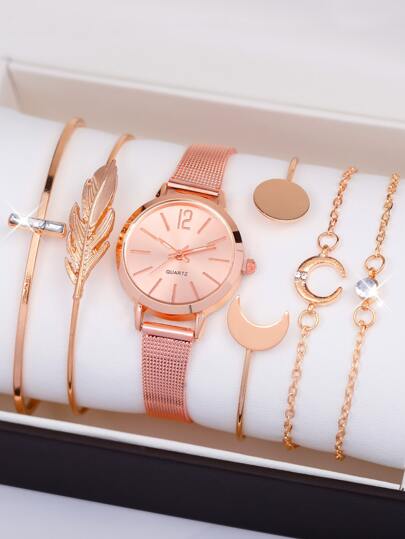 6件装时尚百搭甜美女士细带网状石英手表配宝石彩钻手链手环组合套装送学生返校礼物