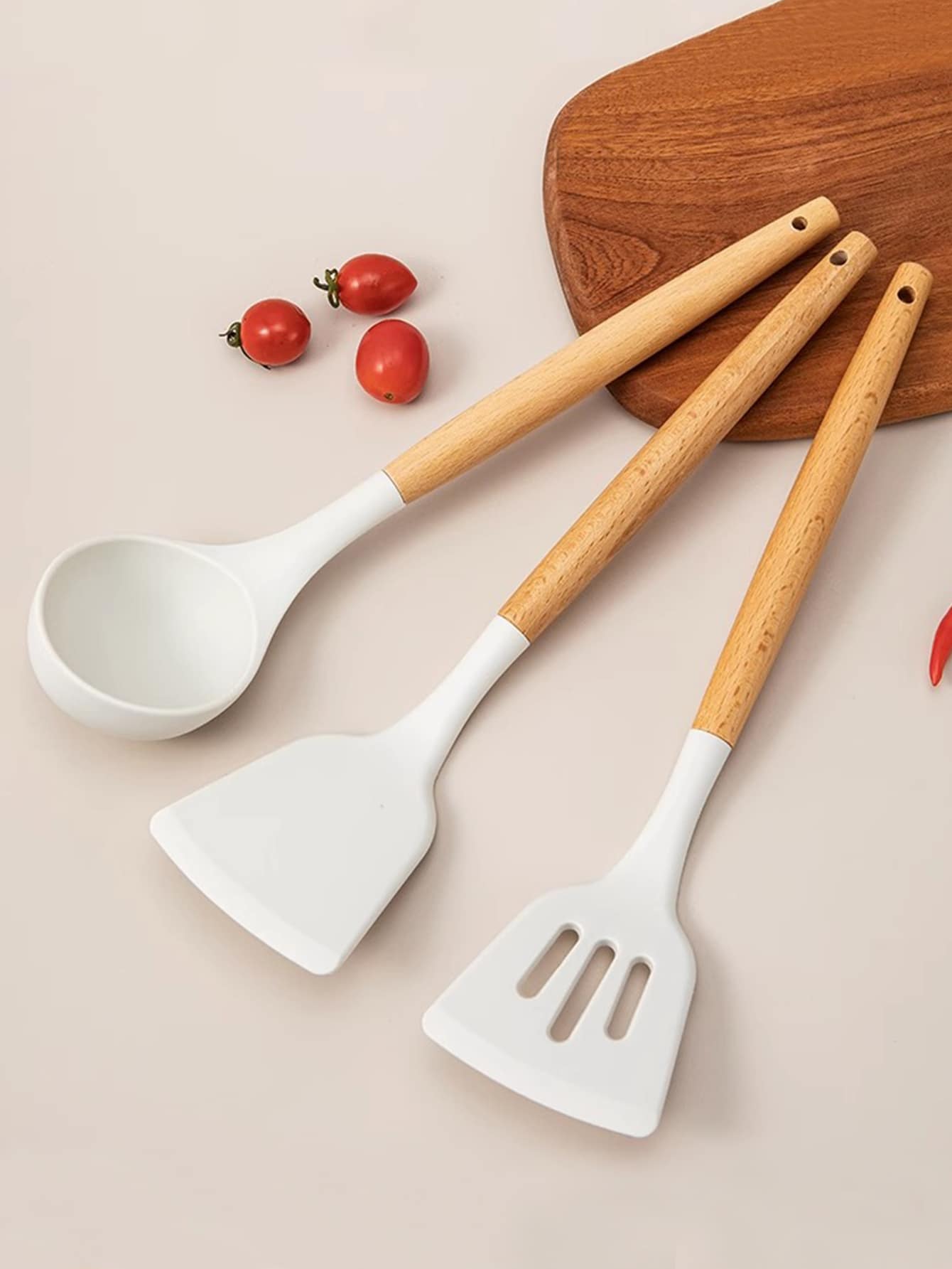 3入組不粘炊具套裝包括鍋鏟和長柄勺,廚房用具 - 白色 - 查看 1