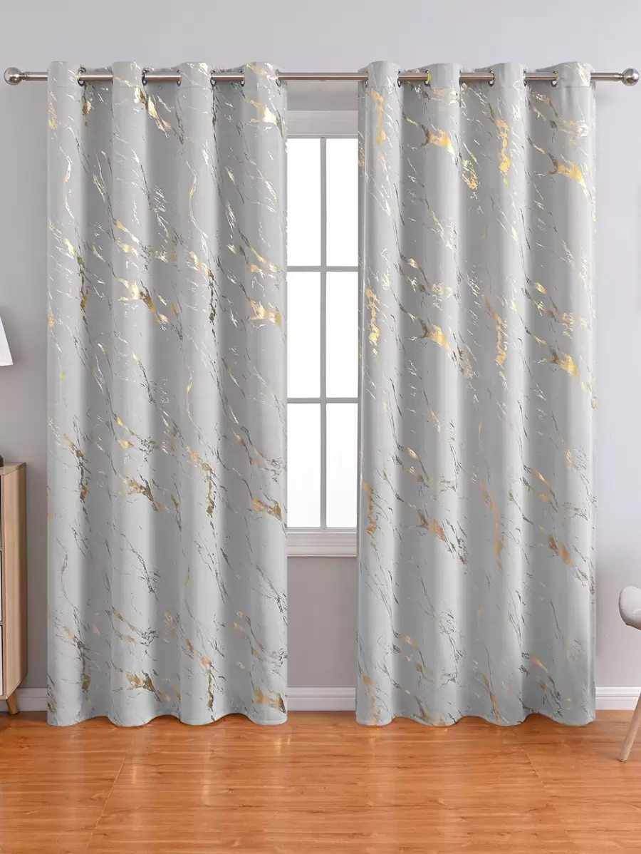 1pc Marble Pattern Blackout Curtain, Modern Style Polyester Fiber Printed Window Curtain Suitable For Living Room Home Use - gray gold - View 1