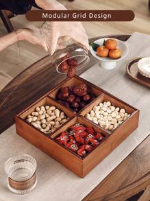 1 Pc With Lid Multi Compartment Wooden Snack Tray , Kitchen Living Room Nut Storage Box , Reusable Party Snack Serving Tray, Snack Plate. Used For Candy, Snacks, Nut Containers. Home Dining Room Food Storage Organizer, Christmas Gift - Rust Brown - View 5