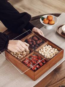 1 Pc With Lid Multi Compartment Wooden Snack Tray , Kitchen Living Room Nut Storage Box , Reusable Party Snack Serving Tray, Snack Plate. Used For Candy, Snacks, Nut Containers. Home Dining Room Food Storage Organizer, Christmas Gift - Rust Brown - View 3