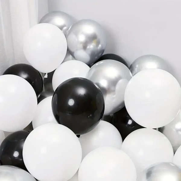 15pcs 10-Inch Black White Silver Latex Balloons Set For Party Decoration, Christmas