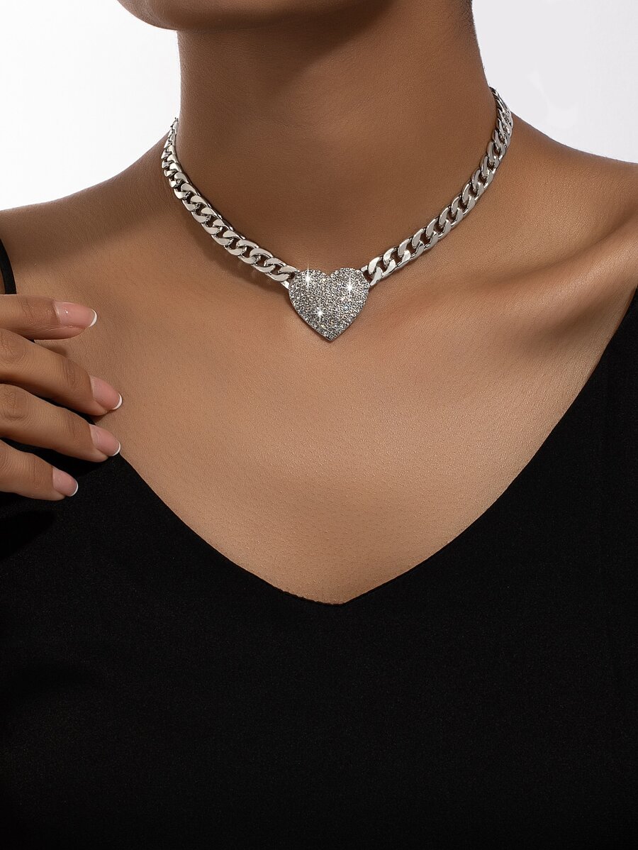 1pc Rhinestone Inlaid Heart Design Fashion Chunky Necklace Valentines,Mom,Mother,Mother's Day,Gift - Silver - View 1