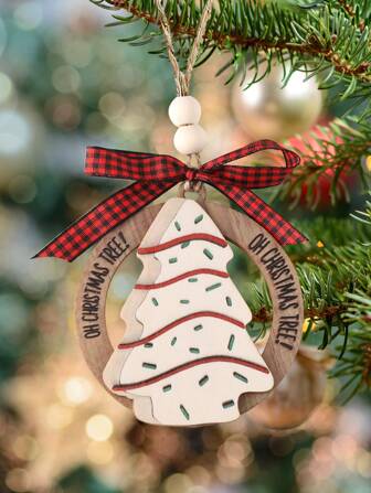 "1pc Christmas Theme Hollow Round Wood Pendant With \""oh Christmas Tree!\"" English Letters For Home Decoration (window, Fireplace, Etc.)"