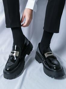 New Men's Black British Style Casual Leather Shoes, Thick Sole Elevator Loafers - Black - View 1