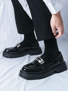 New Men's Black British Style Casual Leather Shoes, Thick Sole Elevator Loafers - Black - View 2