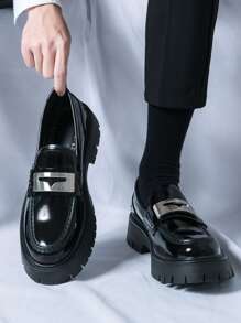 New Men's Black British Style Casual Leather Shoes, Thick Sole Elevator Loafers - Black - View 3