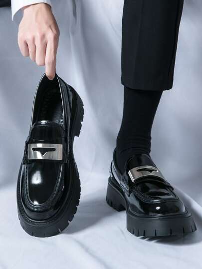 New Men's Black British Style Casual Leather Shoes, Thick Sole Elevator Loafers