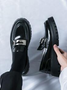 New Men's Black British Style Casual Leather Shoes, Thick Sole Elevator Loafers - Black - View 4