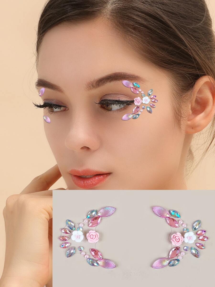 1 pieza Pegatina de gemas faciales de fiesta con decoración de flores y rhinestones, pegatina facial de rhinestones - Rosa - Ver 1