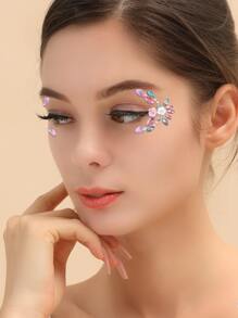1 pieza Pegatina de gemas faciales de fiesta con decoración de flores y rhinestones, pegatina facial de rhinestones - Rosa - Ver 2