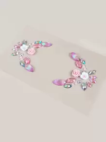 1 pieza Pegatina de gemas faciales de fiesta con decoración de flores y rhinestones, pegatina facial de rhinestones - Rosa - Ver 4