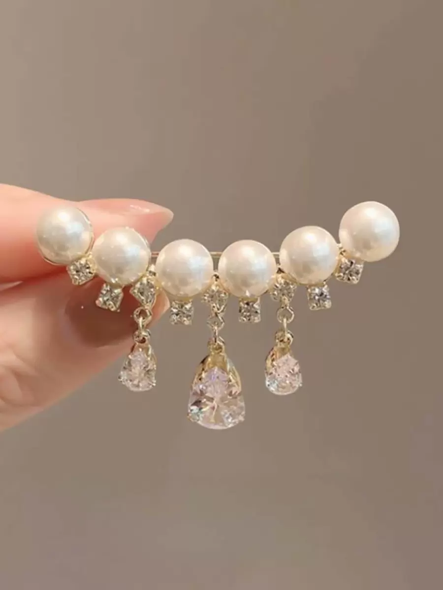 1pc Faux Pearl & Tassel Decor High-End Brooch - Yellow Gold - View 1