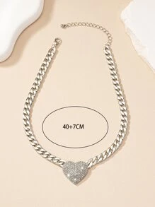 1pc Rhinestone Inlaid Heart Design Fashion Chunky Necklace Valentines,Mom,Mother,Mother's Day,Gift - Silver - View 4