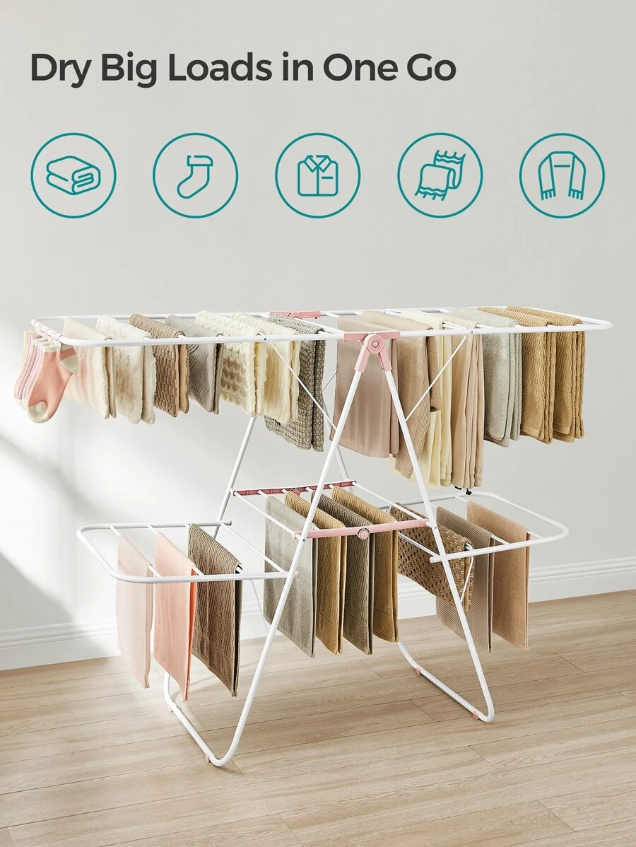 SONGMICS Clothes Drying Rack, Foldable 2-Level Laundry Drying Rack, Free-Standing Large Drying Rack, With Height-Adjustable Wings, 33 Drying Rails, Sock Clips, ULLR053 - 粉色 - 查看 1