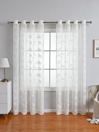 1pc Simple Embroidered Voile Curtain For Room Divider And Decoration, Suit For Bedroom, Living Room, Balcony