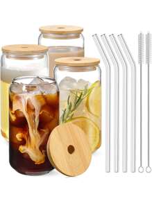 4pcs/set 500ml Transparent Heat-resistant Glass With Sealing Bamboo Cover Drinking Cup Including 4 Straws, 2 Brushes - Clear - View 12