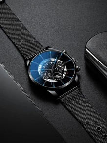 1入組男士網眼帶石英表 - 黑色 - 查看 3