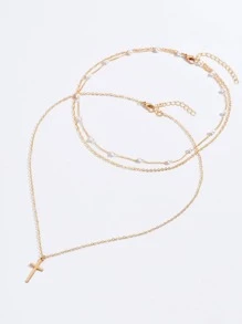 2pcs Faux Pearl & Cross Decor Chain Necklace,The Number Of Pearls Is Random - Gold - View 2