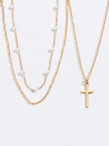 2pcs Faux Pearl & Cross Decor Chain Necklace,The Number Of Pearls Is Random - Gold - View 3