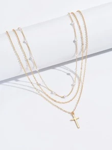 2pcs Faux Pearl & Cross Decor Chain Necklace,The Number Of Pearls Is Random - Gold - View 4
