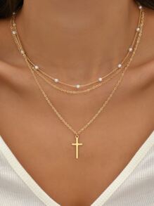 2pcs Faux Pearl & Cross Decor Chain Necklace,The Number Of Pearls Is Random - Gold - View 1