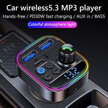 Car Fm Transmitter Aux Audio Mp3 Player Type C Pd 30w Dual Usb Fast Charging Car Charger Hands-free Wireless Car Kit - Black - View 3