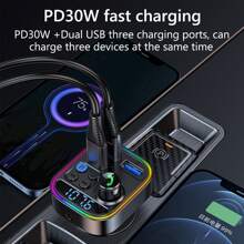 Car Fm Transmitter Aux Audio Mp3 Player Type C Pd 30w Dual Usb Fast Charging Car Charger Hands-free Wireless Car Kit - Black - View 6